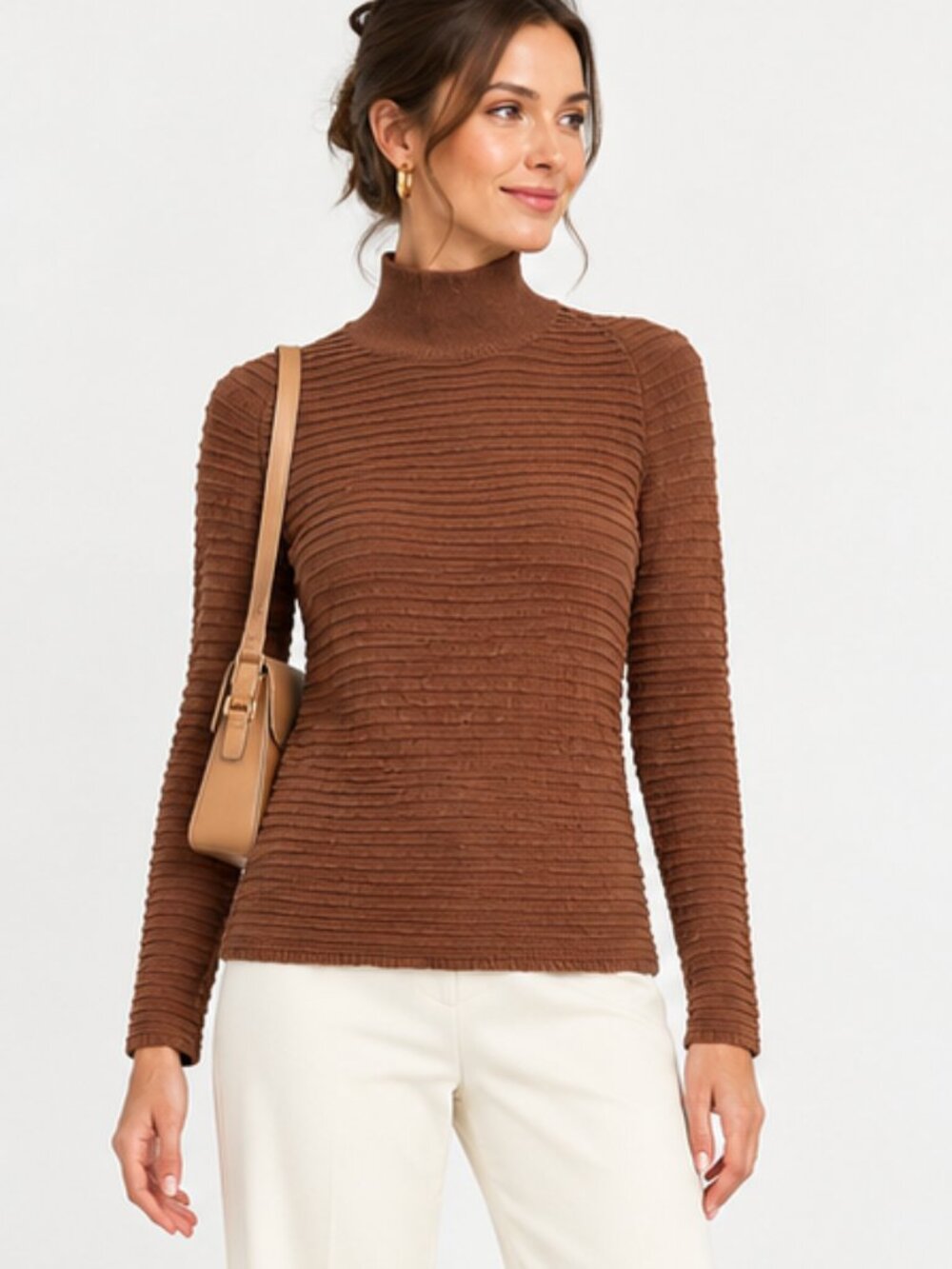 Won Hundred Bella Ribbed Cowl Neck Sweater in Warm Brown